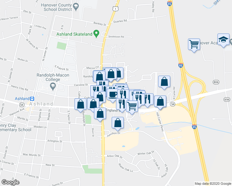 map of restaurants, bars, coffee shops, grocery stores, and more near 105 North Cottage Green Drive in Ashland