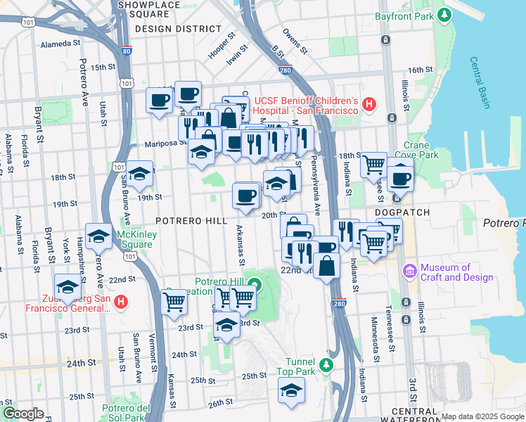 map of restaurants, bars, coffee shops, grocery stores, and more near 521 Connecticut Street in San Francisco