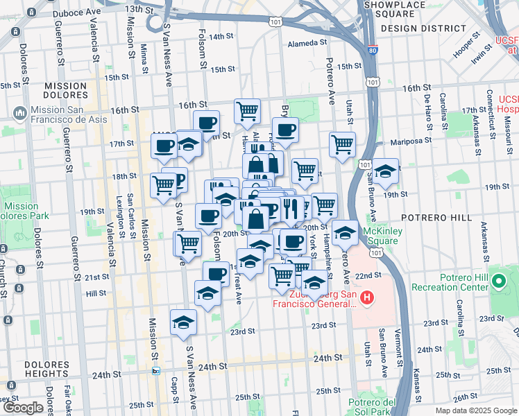 map of restaurants, bars, coffee shops, grocery stores, and more near 3130 20th Street in San Francisco