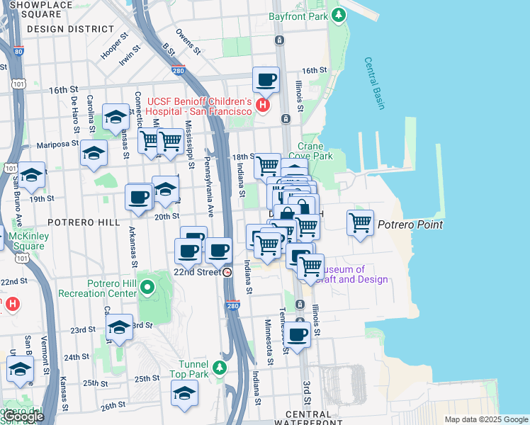 map of restaurants, bars, coffee shops, grocery stores, and more near 909 Tennessee Street in San Francisco