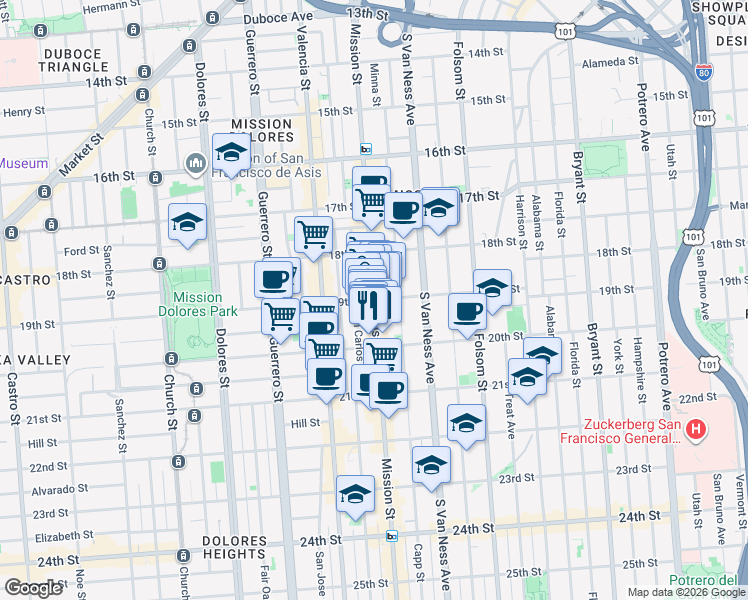 map of restaurants, bars, coffee shops, grocery stores, and more near Mission St & 19th St in San Francisco