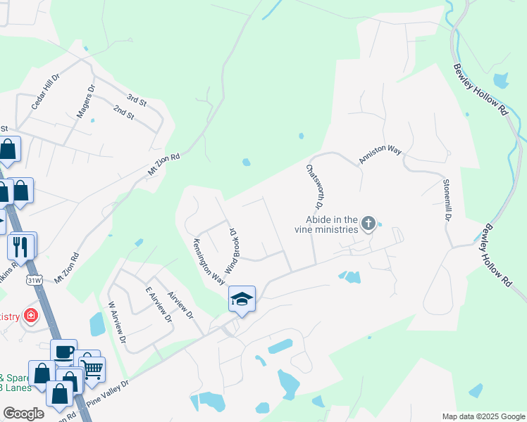 map of restaurants, bars, coffee shops, grocery stores, and more near 2522 Shadow Creek Lane in Elizabethtown