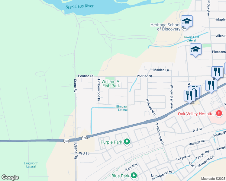 map of restaurants, bars, coffee shops, grocery stores, and more near 2445 Rainwood Lane in Oakdale
