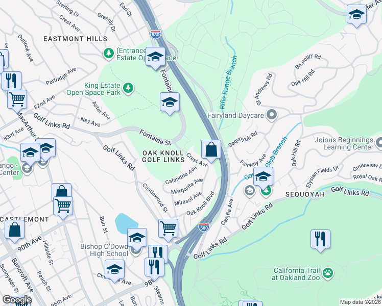 map of restaurants, bars, coffee shops, grocery stores, and more near 9150 Crest Avenue in Oakland