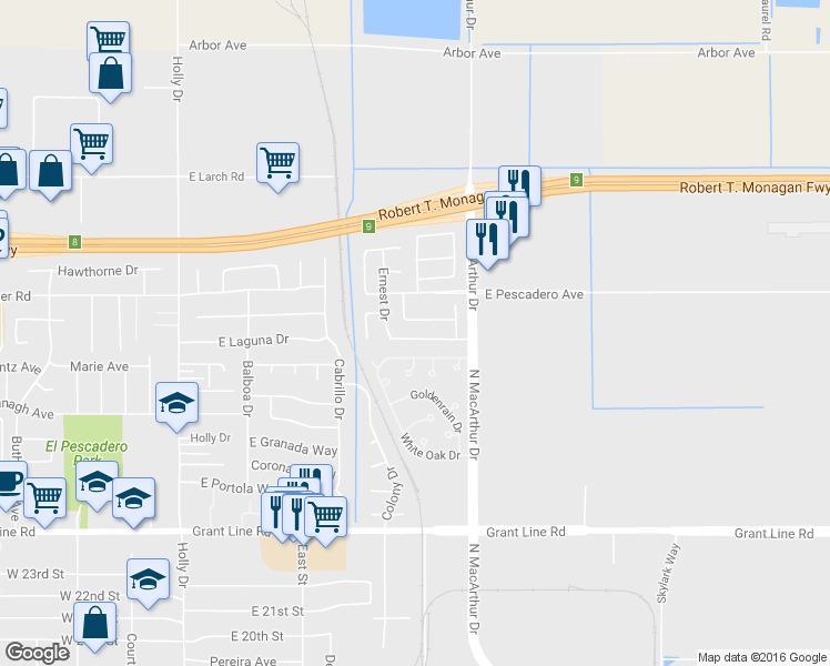 map of restaurants, bars, coffee shops, grocery stores, and more near 3333 James Wright Lane in Tracy
