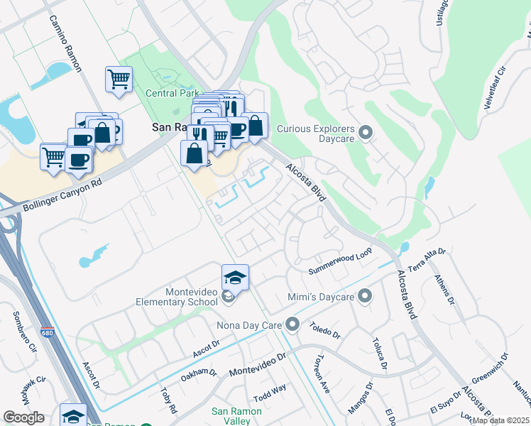 map of restaurants, bars, coffee shops, grocery stores, and more near 974 Springview Circle in San Ramon