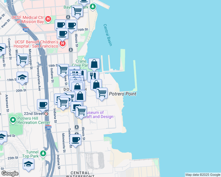 map of restaurants, bars, coffee shops, grocery stores, and more near 105 20th Street in San Francisco