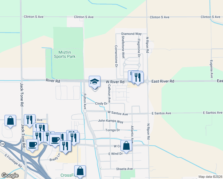 map of restaurants, bars, coffee shops, grocery stores, and more near 1698 Calhoun Avenue in Ripon