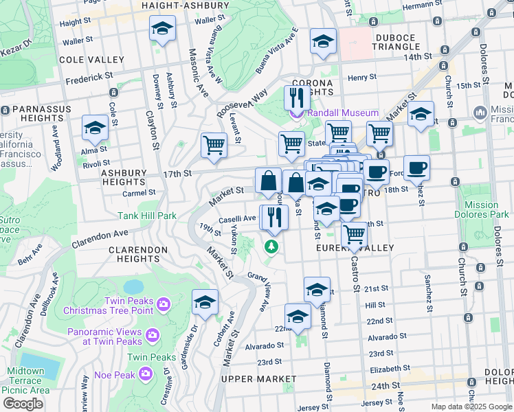 map of restaurants, bars, coffee shops, grocery stores, and more near 59 Hattie Street in San Francisco
