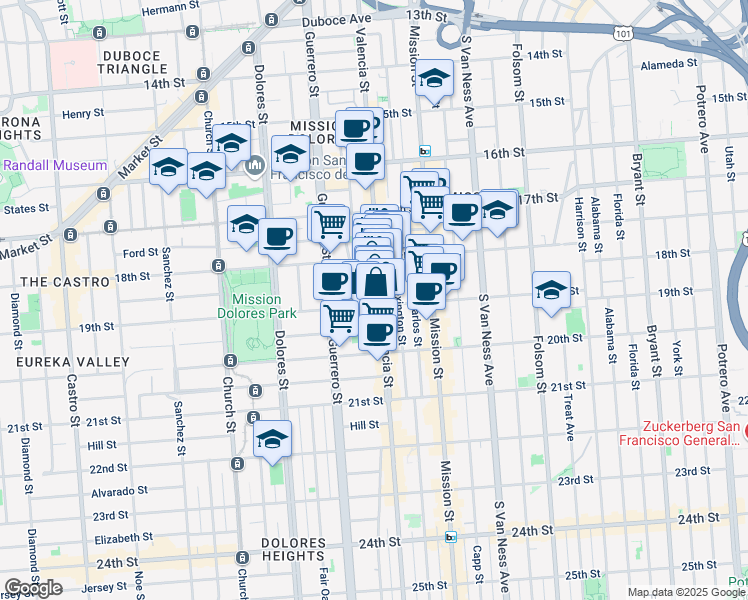 map of restaurants, bars, coffee shops, grocery stores, and more near 36 Lapidge Street in San Francisco