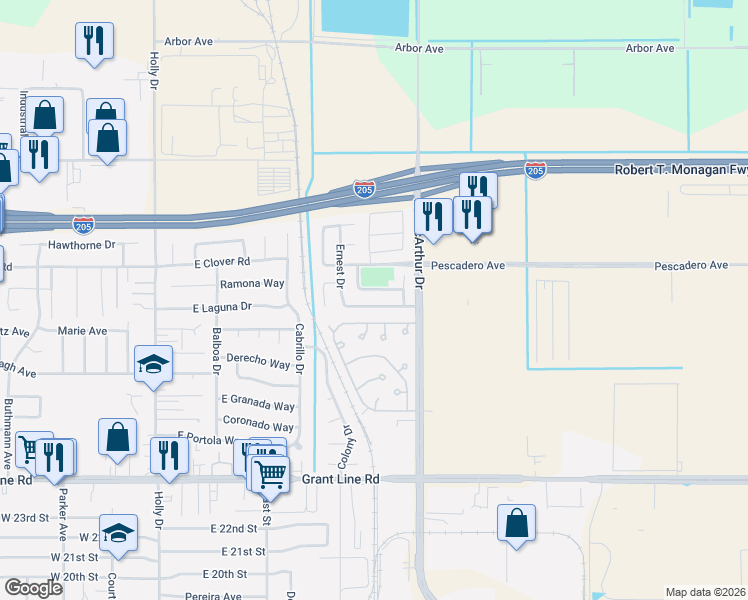 map of restaurants, bars, coffee shops, grocery stores, and more near 613 Carol Louise Lane in Tracy