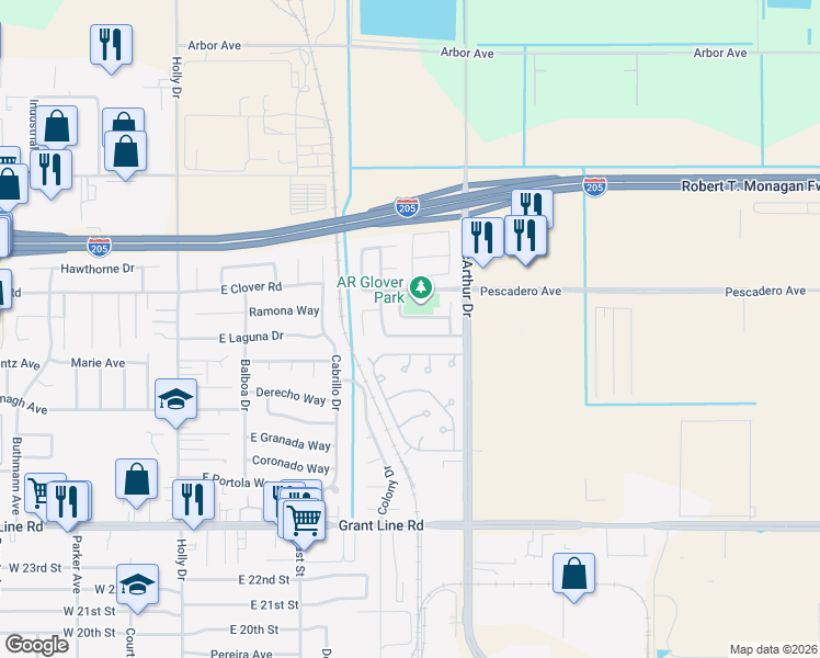 map of restaurants, bars, coffee shops, grocery stores, and more near 3333 James Wright Lane in Tracy