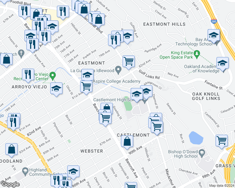 map of restaurants, bars, coffee shops, grocery stores, and more near 2342 82nd Avenue in Oakland