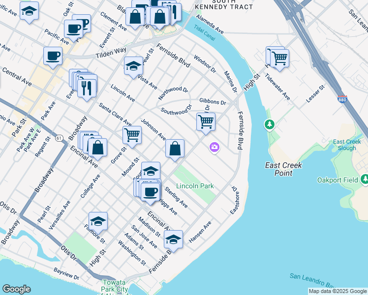 map of restaurants, bars, coffee shops, grocery stores, and more near 3021 Lincoln Avenue in Alameda