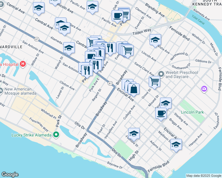 map of restaurants, bars, coffee shops, grocery stores, and more near 1307 Broadway in Alameda