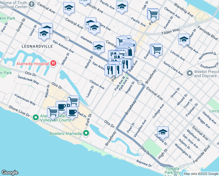 map of restaurants, bars, coffee shops, grocery stores, and more near 2309 San Jose Avenue in Alameda