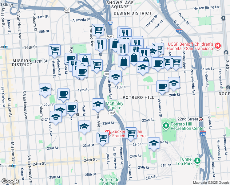 map of restaurants, bars, coffee shops, grocery stores, and more near 2214 19th Street in San Francisco