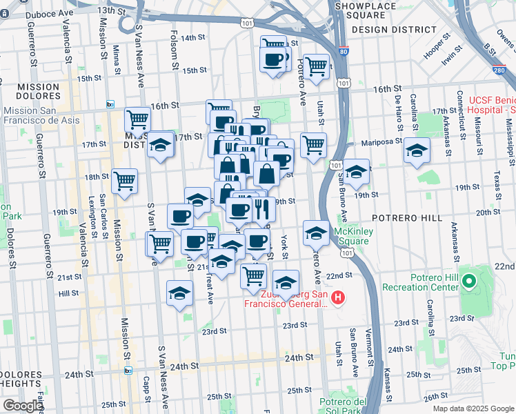 map of restaurants, bars, coffee shops, grocery stores, and more near 2070 Bryant Street in San Francisco