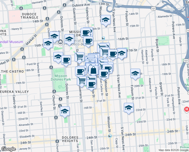 map of restaurants, bars, coffee shops, grocery stores, and more near 144 Lexington Street in San Francisco