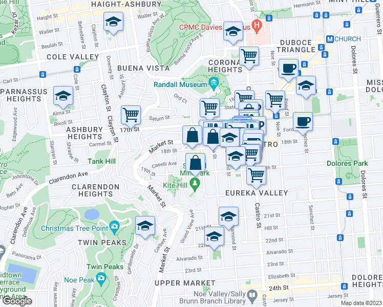 map of restaurants, bars, coffee shops, grocery stores, and more near 59 Hattie Street in San Francisco