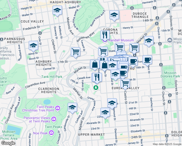 map of restaurants, bars, coffee shops, grocery stores, and more near 59 Hattie Street in San Francisco