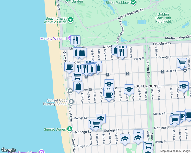 map of restaurants, bars, coffee shops, grocery stores, and more near 1375 45th Avenue in San Francisco