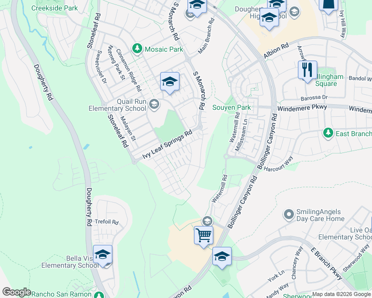 map of restaurants, bars, coffee shops, grocery stores, and more near 5119 Rowan Drive in San Ramon