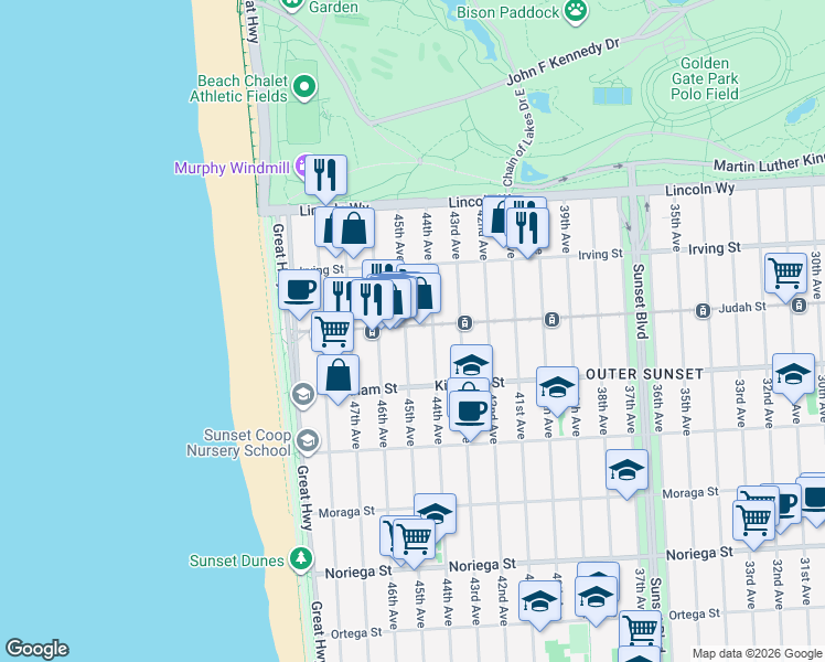 map of restaurants, bars, coffee shops, grocery stores, and more near 3945 Judah Street in San Francisco