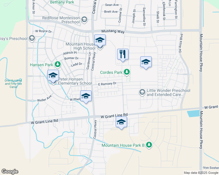 map of restaurants, bars, coffee shops, grocery stores, and more near 107 East Ramsey Drive in Tracy