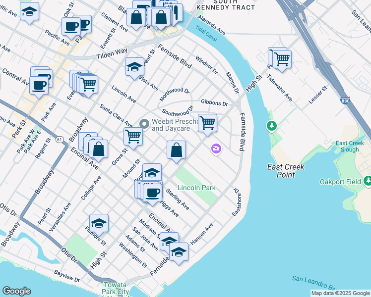 map of restaurants, bars, coffee shops, grocery stores, and more near 3021 Lincoln Avenue in Alameda