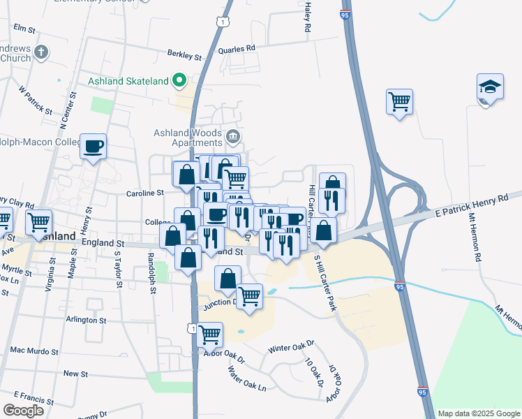 map of restaurants, bars, coffee shops, grocery stores, and more near 11 Trotter Mill Close in Ashland