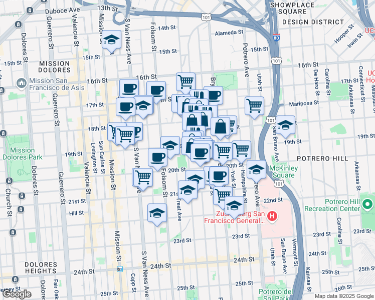 map of restaurants, bars, coffee shops, grocery stores, and more near 2300 Harrison Street in San Francisco