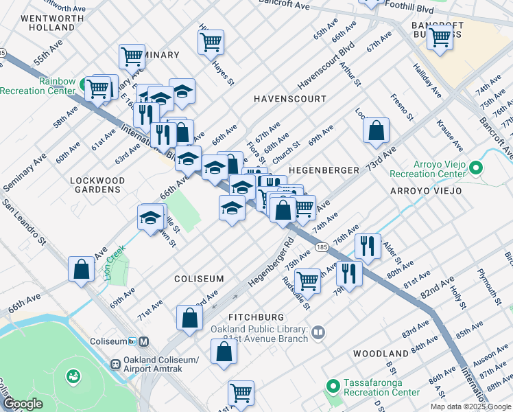 map of restaurants, bars, coffee shops, grocery stores, and more near International Blvd & 70th Ave in Oakland
