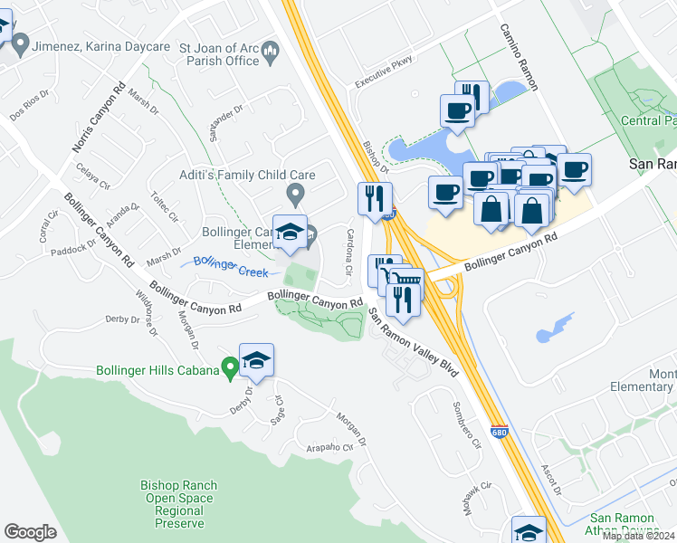 map of restaurants, bars, coffee shops, grocery stores, and more near 14 Lorca Court in San Ramon
