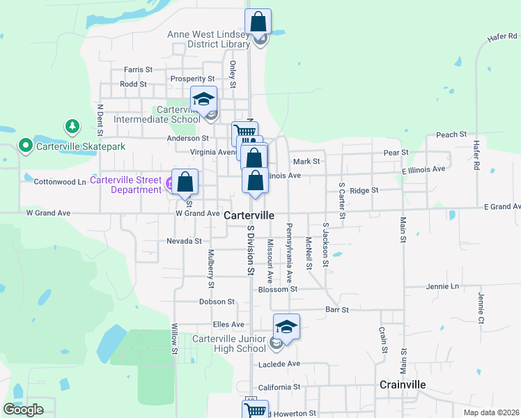 map of restaurants, bars, coffee shops, grocery stores, and more near 100-142 Walnut Street in Carterville