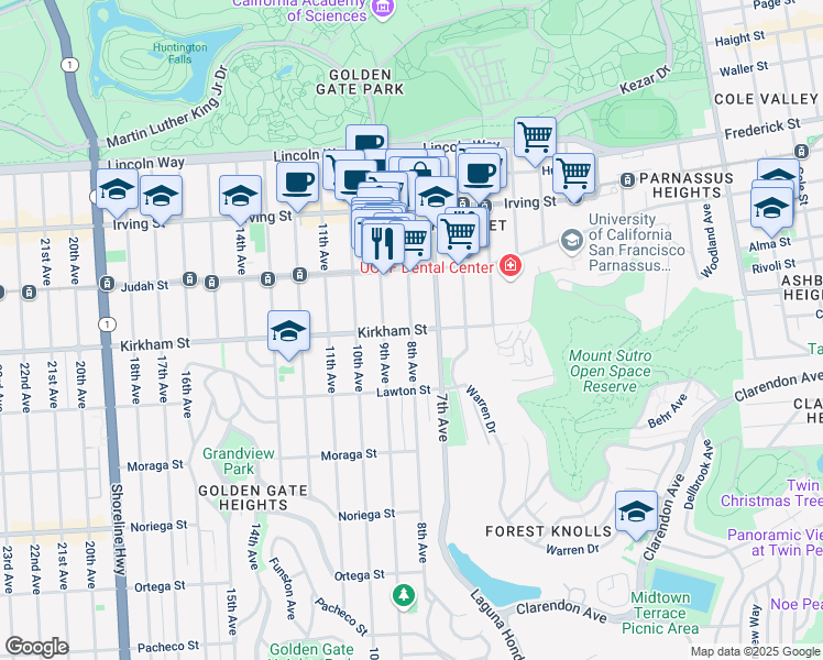 map of restaurants, bars, coffee shops, grocery stores, and more near Kirkham St & 8th Ave in San Francisco