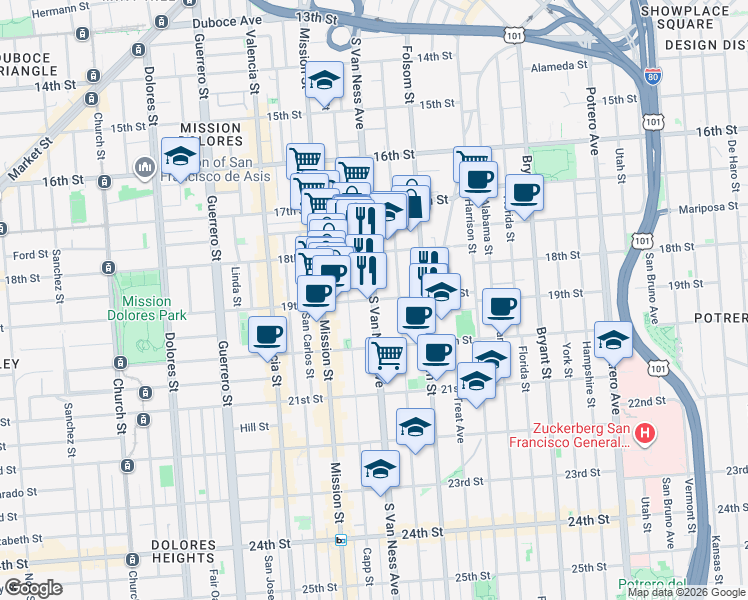 map of restaurants, bars, coffee shops, grocery stores, and more near S Van Ness Ave & 19th St in San Francisco