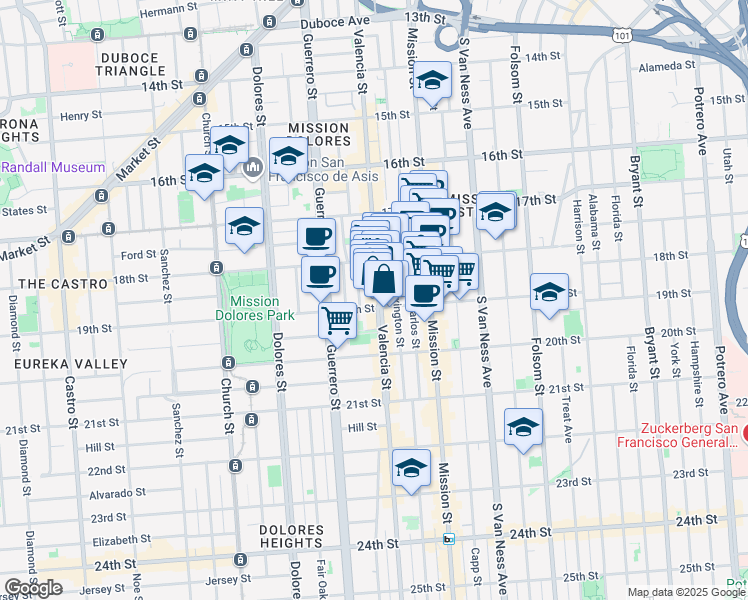 map of restaurants, bars, coffee shops, grocery stores, and more near 144 Lexington Street in San Francisco