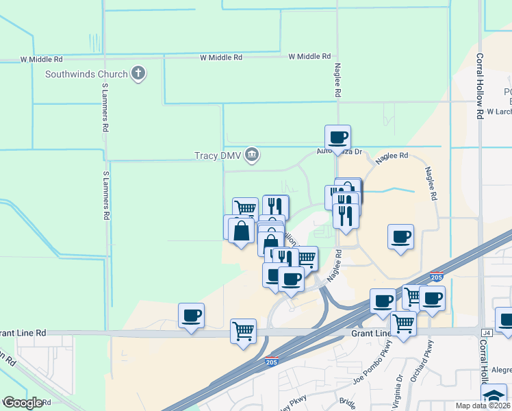 map of restaurants, bars, coffee shops, grocery stores, and more near 2725 Pavilion Parkway in Tracy