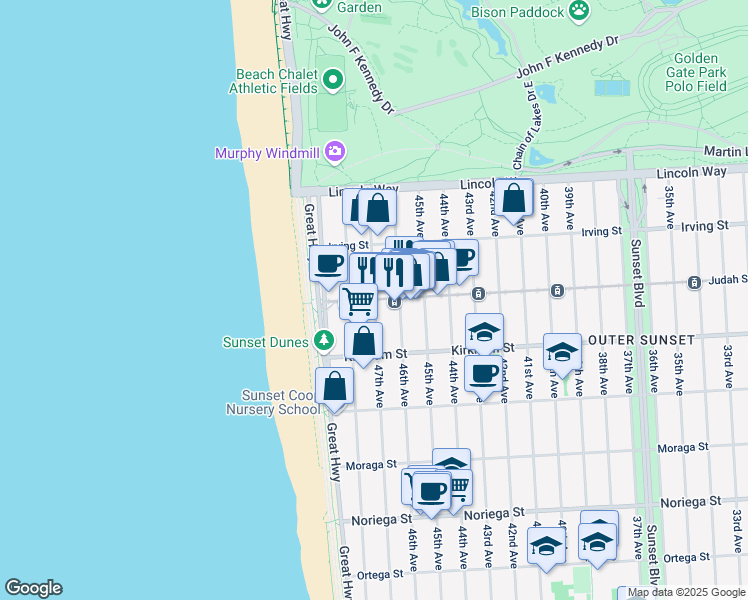 map of restaurants, bars, coffee shops, grocery stores, and more near Judah St & 47th Ave in San Francisco