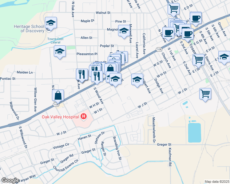 map of restaurants, bars, coffee shops, grocery stores, and more near 250 Hinkley Avenue in Oakdale