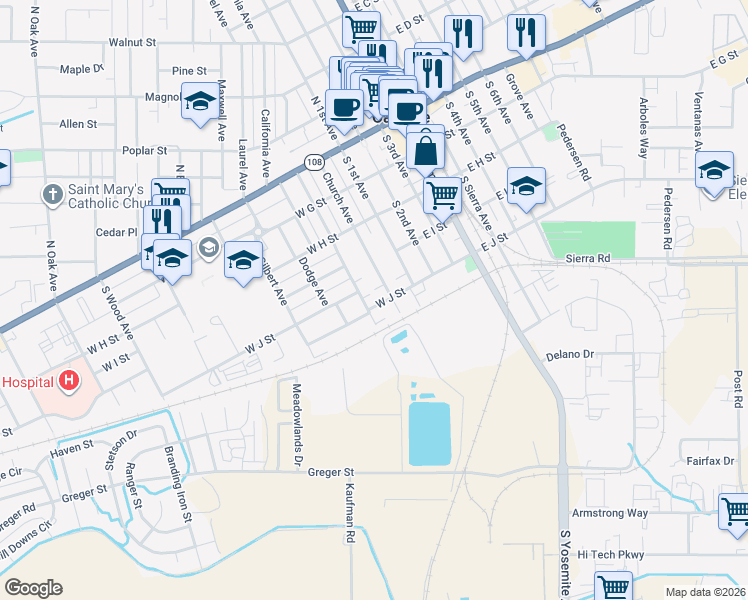 map of restaurants, bars, coffee shops, grocery stores, and more near 447 Church Avenue in Oakdale