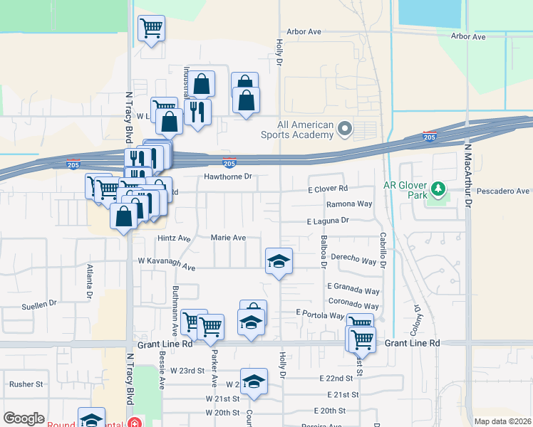 map of restaurants, bars, coffee shops, grocery stores, and more near 3355 Holly Drive in Tracy