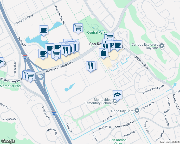map of restaurants, bars, coffee shops, grocery stores, and more near 6111 Bollinger Canyon Road in San Ramon