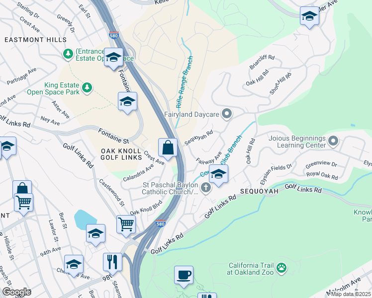 map of restaurants, bars, coffee shops, grocery stores, and more near 3858 Fairway Avenue in Oakland