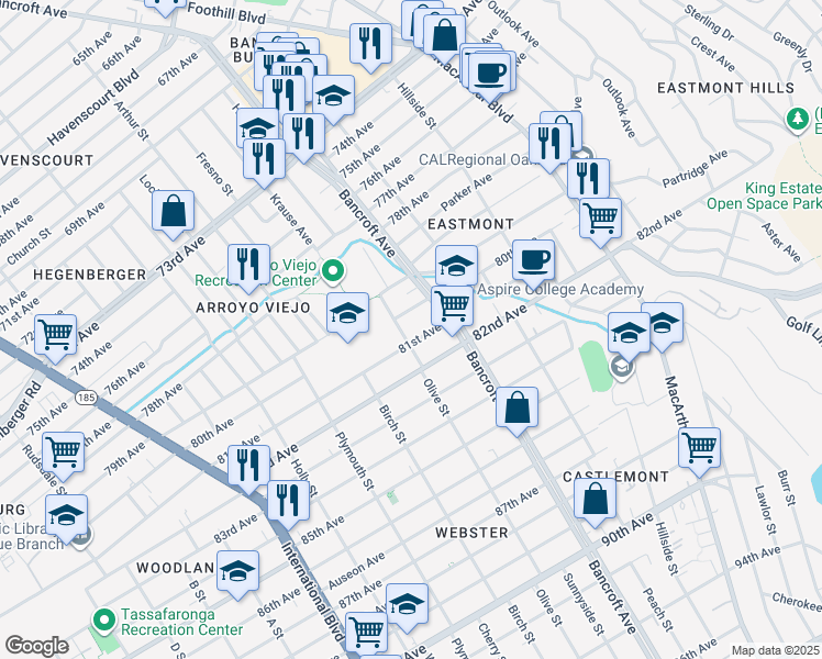 map of restaurants, bars, coffee shops, grocery stores, and more near 2056 80th Avenue in Oakland