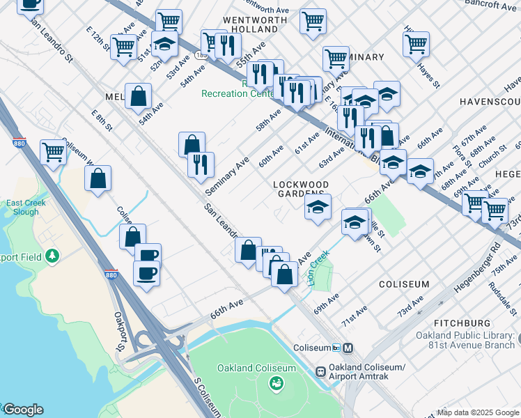 map of restaurants, bars, coffee shops, grocery stores, and more near 1139 62nd Avenue in Oakland