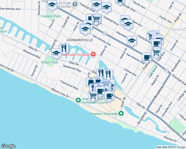 map of restaurants, bars, coffee shops, grocery stores, and more near 2041 Otis Drive in Alameda