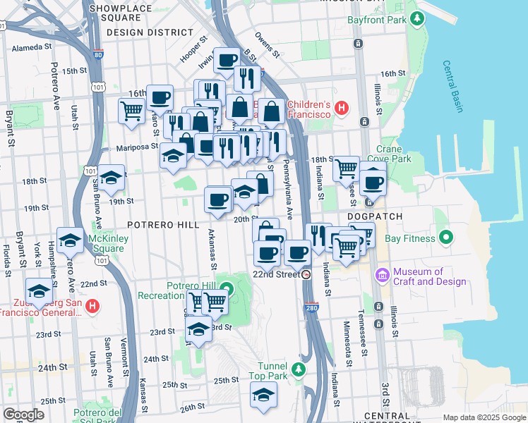 map of restaurants, bars, coffee shops, grocery stores, and more near 418 Texas Street in San Francisco