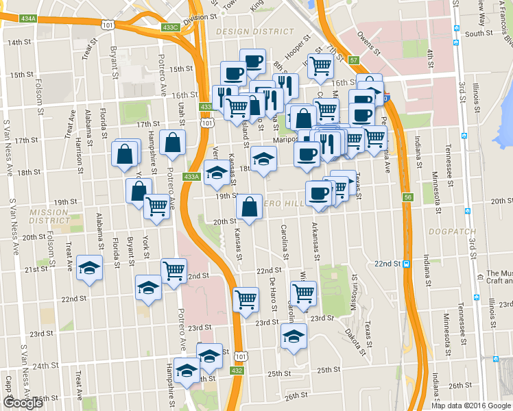 map of restaurants, bars, coffee shops, grocery stores, and more near 1919 19th Street in San Francisco